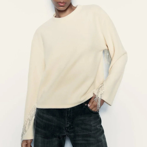 Zara Rhinestone Soft Knit Round Neck Sweater Ecru White Size Medium NWT - Picture 1 of 14